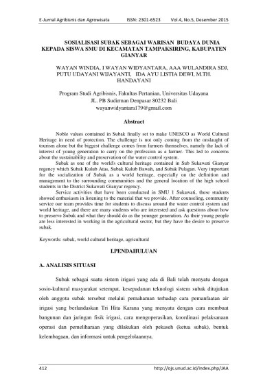 Aspek Ritual pada Sistem Irigasi Subak sebagai Warisan Budaya Dunia