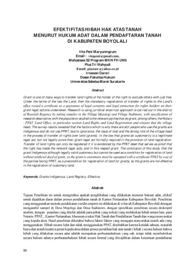 Efektifitas Hibah Hak Atas Tanah Menurut Hukum Adat dalam Pendaftaran Tanah  di Kabupaten Boyolali