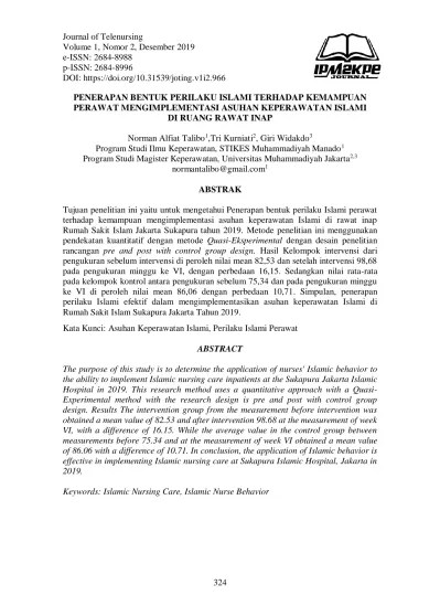 Top PDF Penerapan Bentuk Perilaku Islami terhadap Kemampuan Perawat  Mengimplementasi Asuhan Keperawatan Islami di Ruang Rawat Inap - 123dok.com