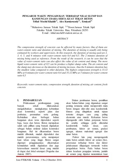Top PDF Pengaruh Waktu Pengadukan terhadap Nilai Slump dan Kandungan Udara  Serta Kuat Tekan Beton - 123dok.com