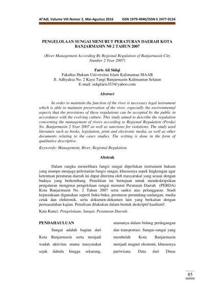 PENGELOLAAN SUNGAI MENURUT PERATURAN DAERAH KOTA BANJARMASIN N0 2 TAHUN 2007
