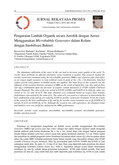 Penguraian Limbah Organik secara Aerobik dengan Aerasi Menggunakan  Microbubble Generator dalam Kolam dengan Imobilisasi Bakteri | Shalindry |  Jurnal Rekayasa Proses 31035 71891 1 PB