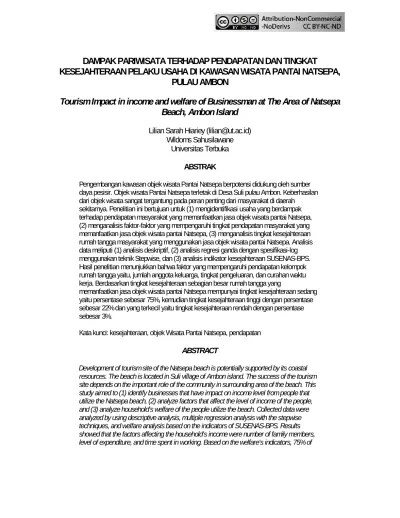 DAMPAK PARIWISATA TERHADAP PENDAPATAN DAN TINGKAT KESEJAHTERAAN PELAKU USAHA  DI KAWASAN WISATA PANTAI NATSEPA, PULAU AMBON Tourism Impact in income and  welfare of Businessman at The Area of Natsepa Beach, Ambon Island