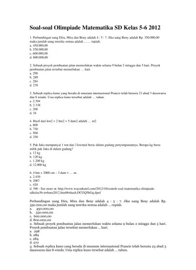 Soal Olimpiade Matematika Sd Penyisihan