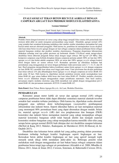 EVALUASI KUAT TEKAN BETON RECYCLE AGREGAT DENGAN CAMPURAN AIR LAUT DAN  PREDIKSI MODULUS ELASTISITASNYA