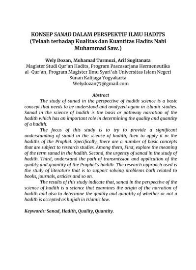 KONSEP SANAD DALAM PERSPEKTIF ILMU HADITS (Telaah terhadap Kualitas dan  Kuantitas Hadits Nabi Muhammad Saw.)