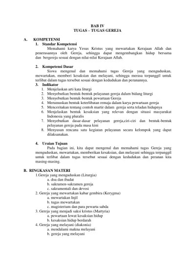 Partisipasi rakyat dimulai dari sejak awal hingga berhasilnya bentuk diakonia ini terlaksana. Bab Iv Tugas Tugas Gereja