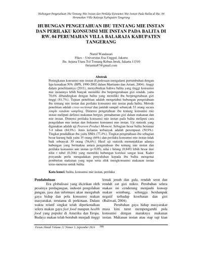 HUBUNGAN PENGETAHUAN IBU TENTANG MIE INSTAN DAN PERILAKU KONSUMSI MIE  INSTAN PADA BALITA DI RW. 04 PERUMAHAN VILLA BALARAJA KABUPATEN TANGERANG