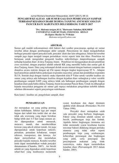 Di indonesia menurut kemenkes ri 2018, penyakit diare merupakan. Pengaruh Kualitas Air Sumur Gali Dan Pembuangan Sampah Terhadap Kejadian Diare Di Desa Tanjung Anum Kecamatan Pancur Batu Kabupaten Deli Serdang Tahun