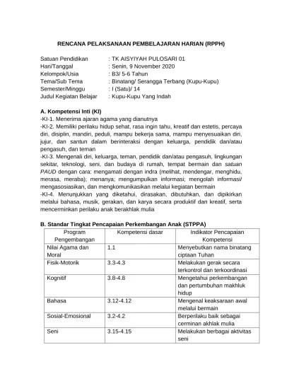 Bahan alam tema/ sub tema : Rencana Pelaksanaan Pembelajaran Harian Rpph