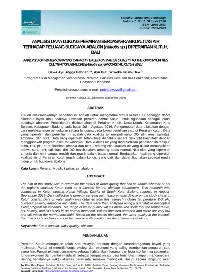 ANALISIS DAYA DUKUNG PERAIRAN BERDASARKAN KUALITAS AIR TERHADAP PELUANG BUDIDAYA  ABALON (Haliotis sp.) DI PERAIRAN KUTUH, BALI