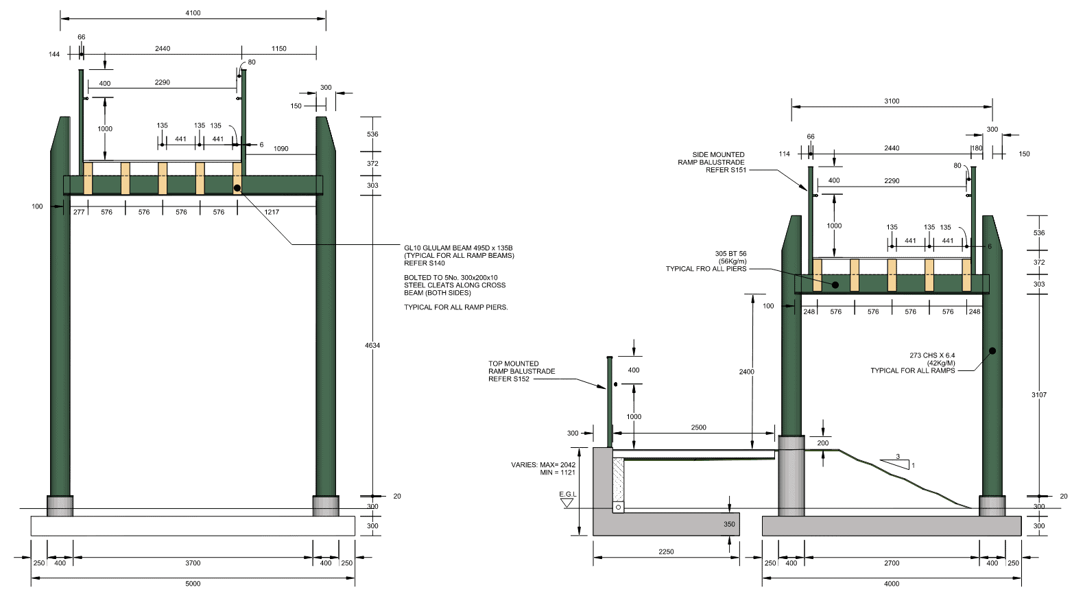 Toki Poutangata Footbridge - Footbridge Drawing Cross Sections