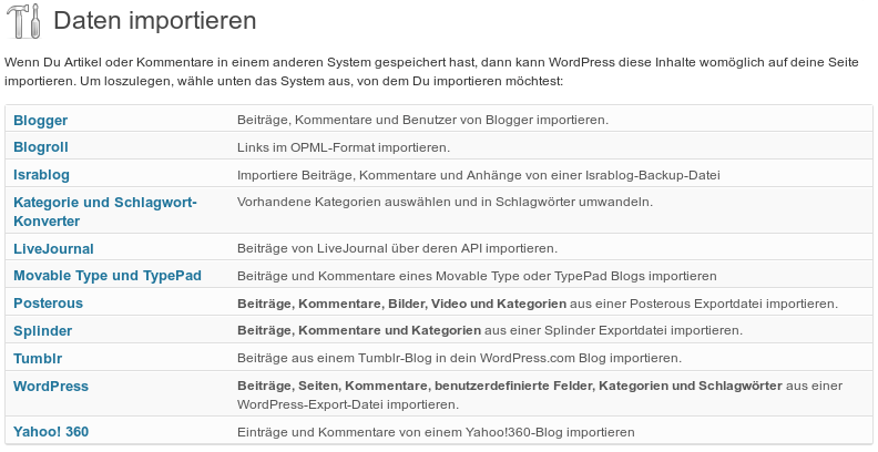 Liste der Import-Werkzeuge