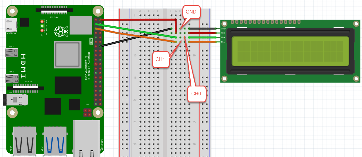 Bread board diagram using LCD1602