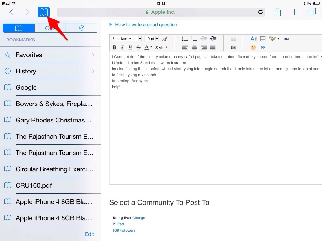 Above, using the navigation menu to access notifications and courses on an ipad pro. History Bookmark Column On Left Of Scre Apple Community