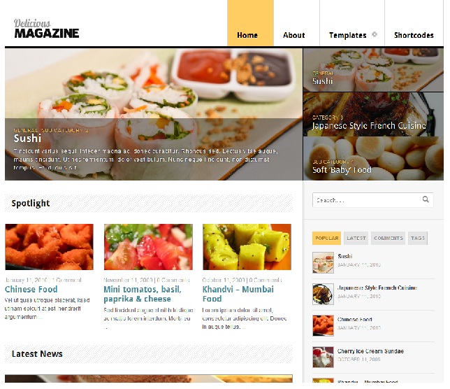 This free water wordpress theme has multiple pages and blocks specific for food websites. New Food Wordpress Theme: Delicious Magazine - Dobeweb