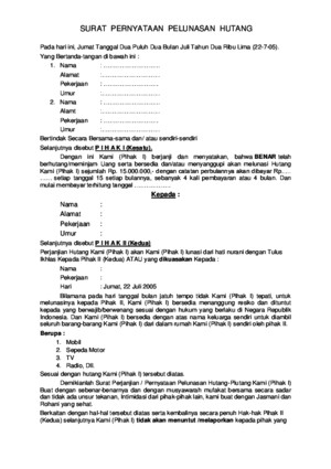 Pada hari ini, rabu tanggal 11 november 2020, kami yang bertanda tangan untuk menghindari permasalahan yang muncul karena utang, kamu bisa membuat surat perjanjian utang piutang. Surat Pernyataan Pelunasan Hutang Download Documents