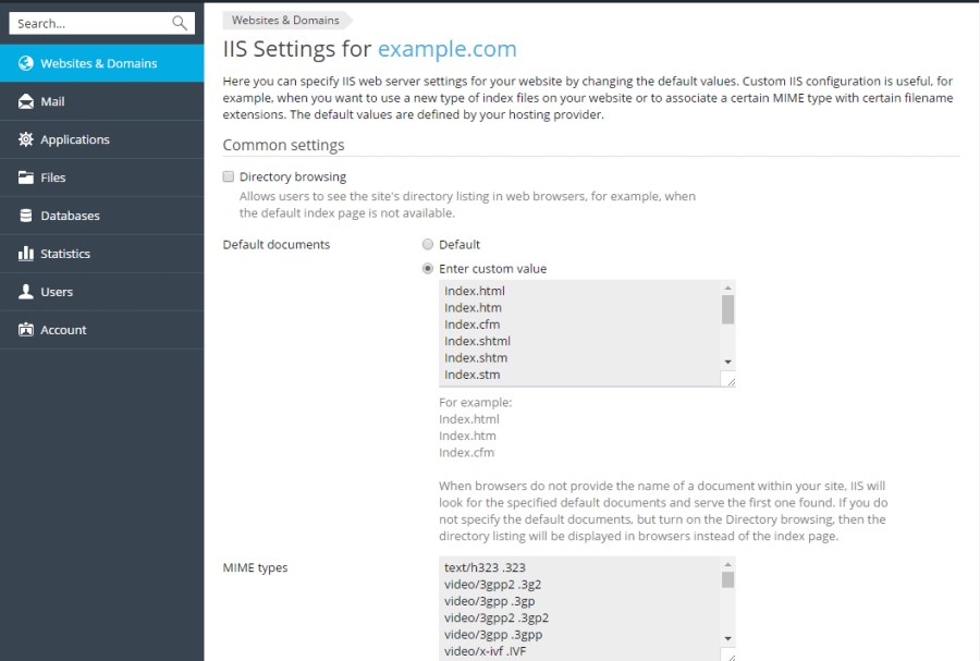 Iis Web Server Settings Plesk Obsidian Documentation