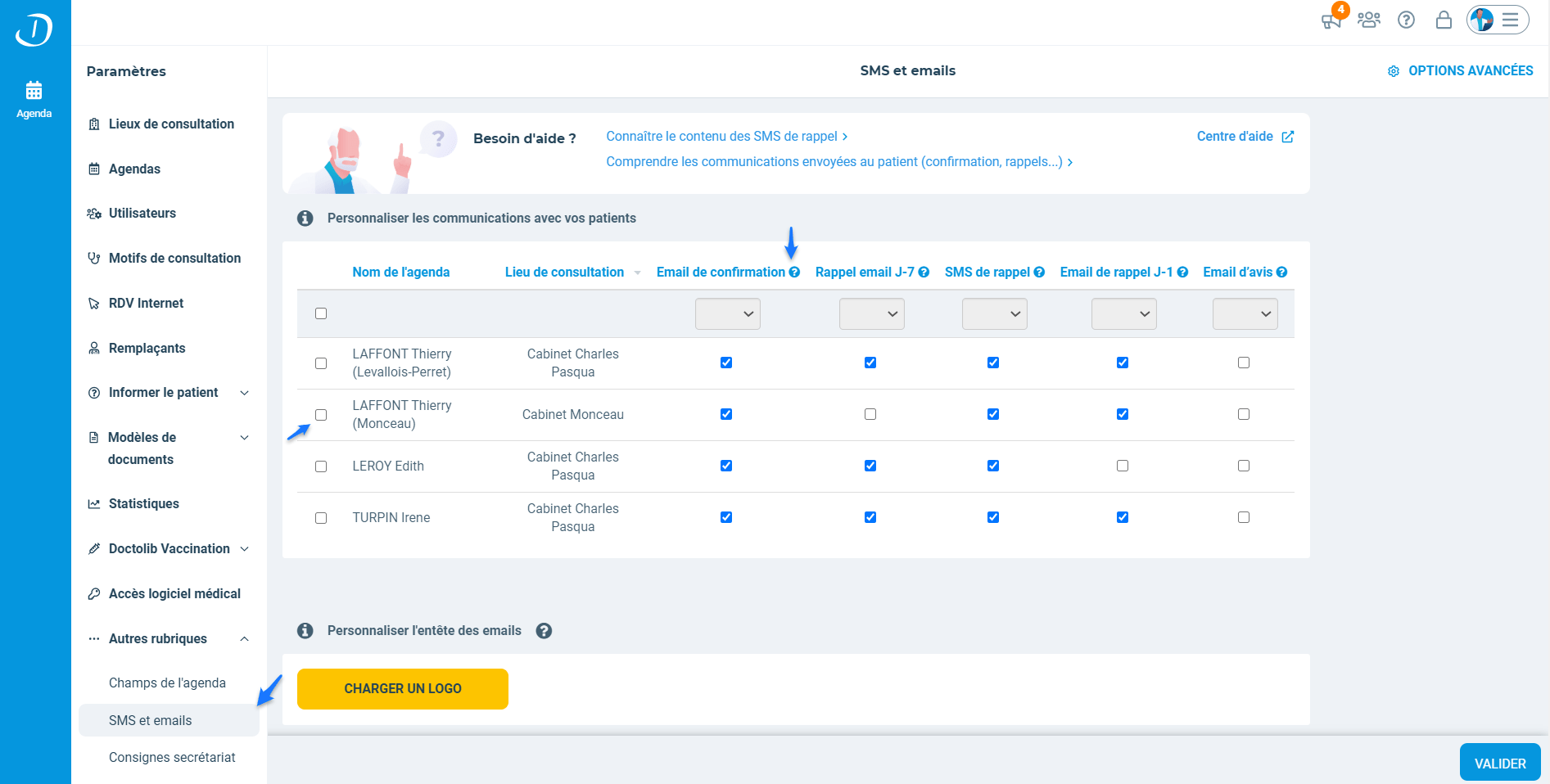 Activer ou désactiver l&rsquo;envoi des notifications à vos patients (SMS et/ou  emails) – Rubrique d&rsquo;aide