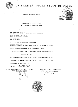 Диплом университета г. Павия (Италия) Итальянский диплом врача, полученный Дмитрием Дементьевым в 1993 году. Диплом признан во всех странах Европы