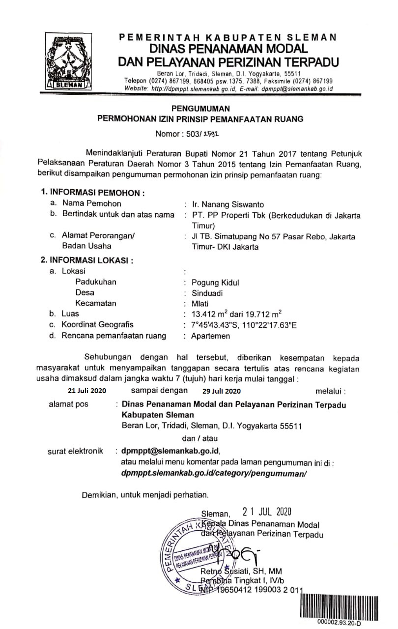 Izin lokasi (bila dipersyaratkan izin lokasi). Pengumuman Permohonan Izin Prinsip Pemanfaatan Ruang PT