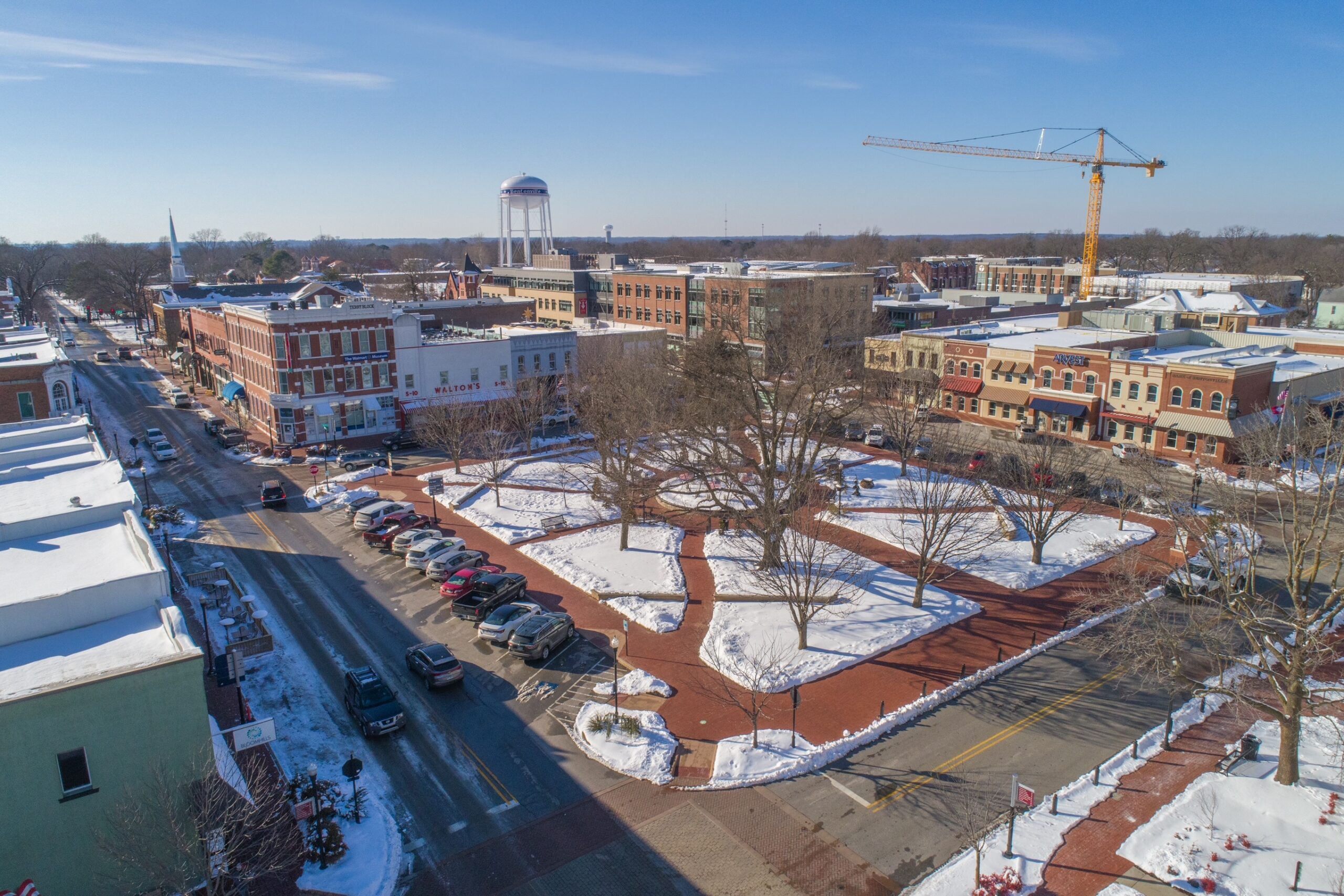 A Snowy Downtown Bentonville Square Drones Over Arkansas