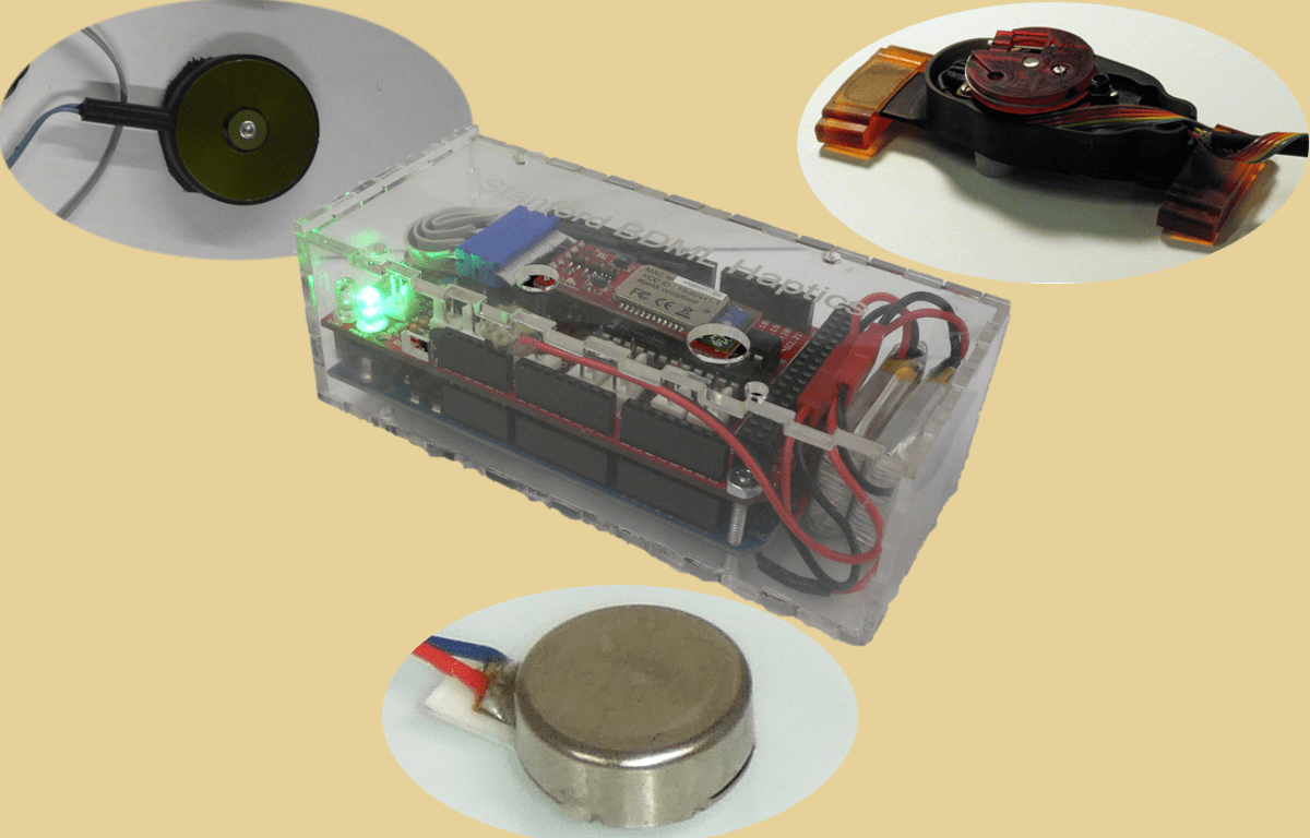 Illustration of a hand interacting with a smartphone and wearable device, showing invisible haptic feedback waves for system haptics
