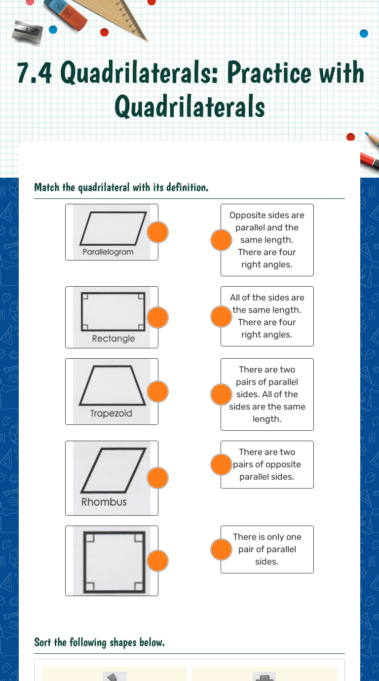Angles in quadrilaterals (worksheets with solutions). 7 4 Quadrilaterals Practice With Quadrilaterals Interactive Worksheet By Caitlin Jones Wizer Me