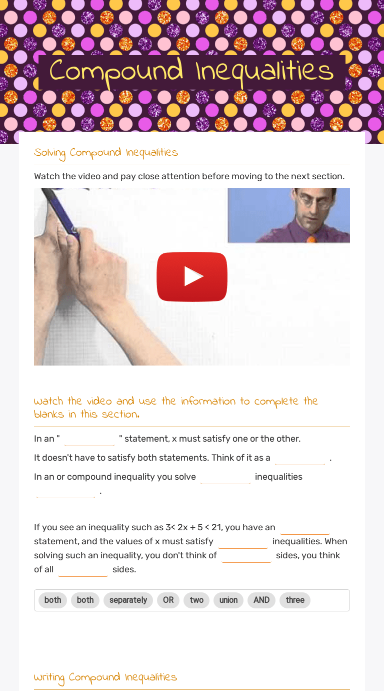 Write a compound inequality for each graph. Compound Inequalities Interactive Worksheet By Robin Parker Wizer Me
