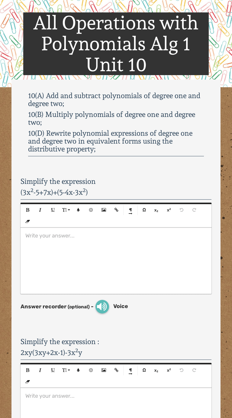 Expressions gives a monomial, binomial or trinomial on simplification? All Operations With Polynomials Alg 1 Unit 10 Interactive Worksheet By Katie Maynard Wizer Me