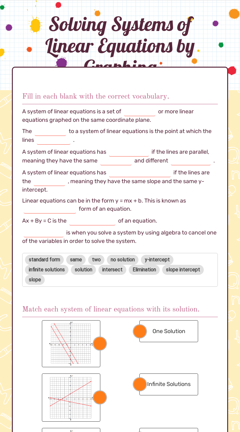 A set of two or more equations that form a solution point or area. Solving Systems Of Linear Equations By Graphing Interactive Worksheet By Colleen Hoffman Wizer Me