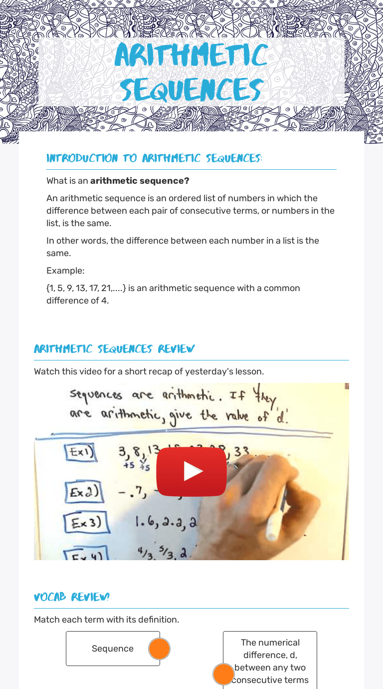 Find the first 5 terms of each sequence. Arithmetic Sequences Interactive Worksheet By Jamie Bailey Wizer Me