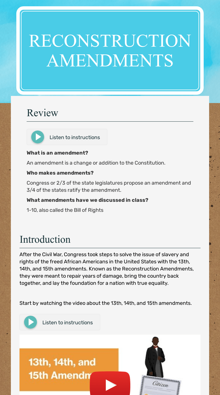 Abraham lincoln was the sixteenth president of the united states. Reconstruction Amendments Interactive Worksheet By Angela Haas Wizer Me