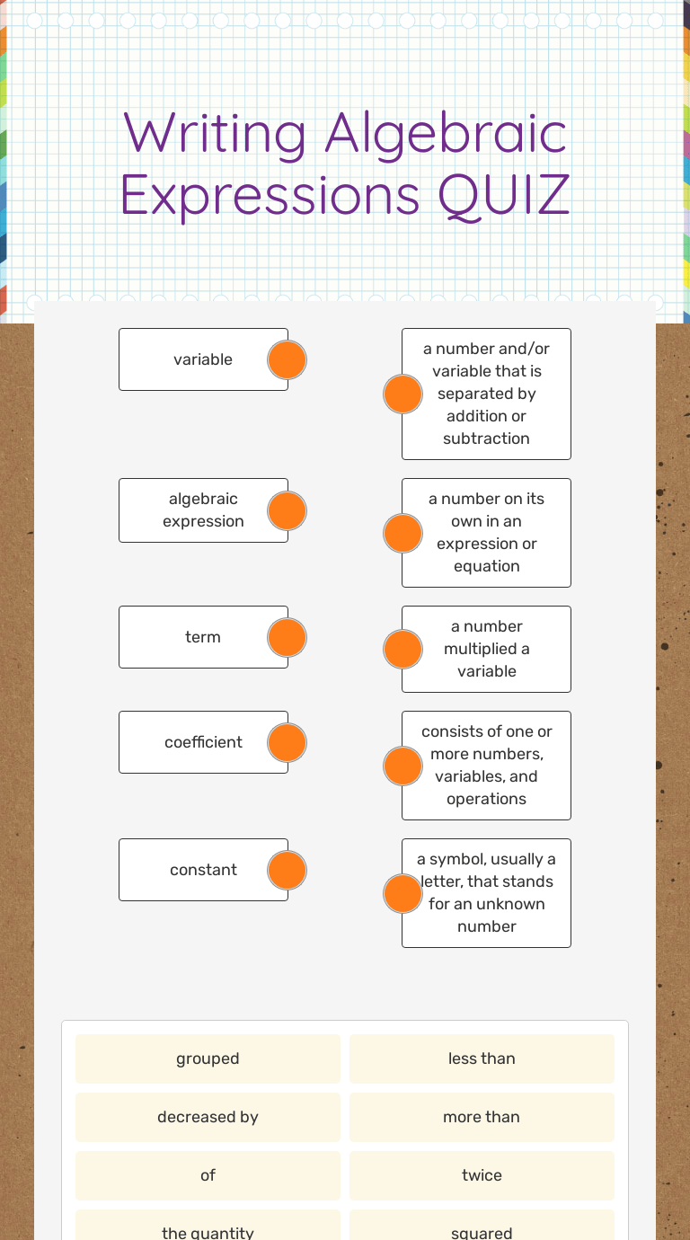 • identify ______ ______ that indicate the operation. Writing Algebraic Expressions Quiz Interactive Worksheet By Lindsey Estell Wizer Me