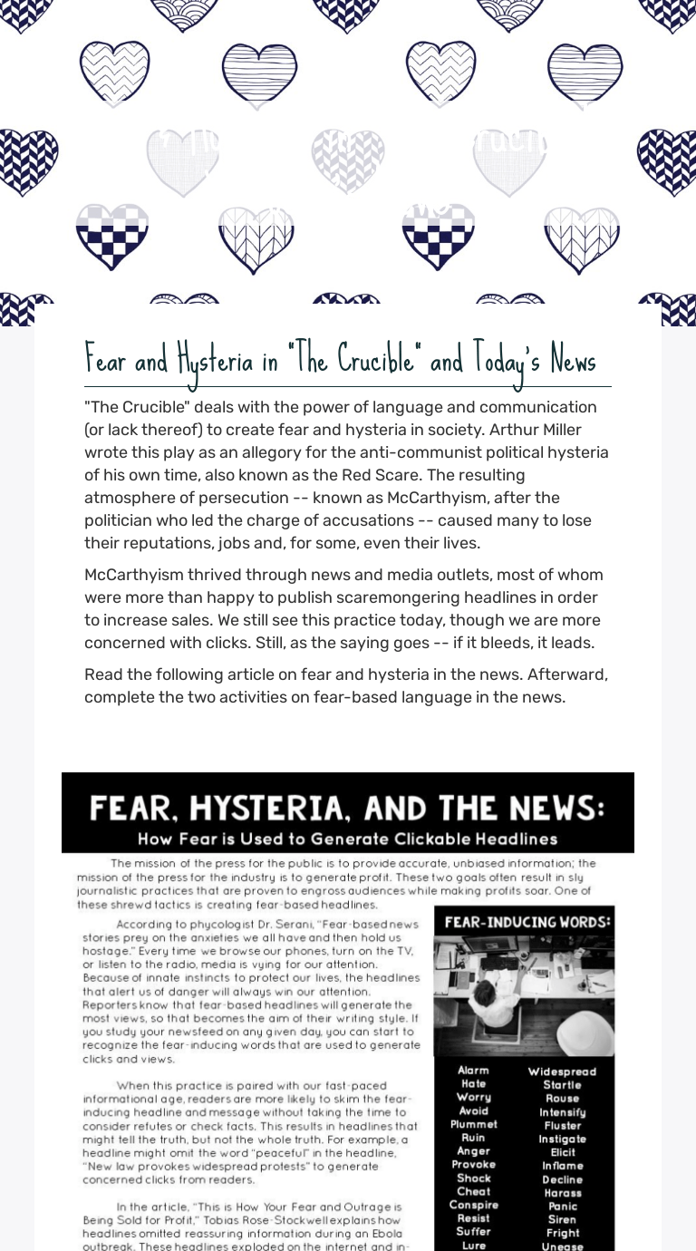 When the red army marched on germany, it quickly absorbed the nearby nations estonia, latvia, and lithuania into the soviet union. Fear Hysteria In The Crucible Today S News Interactive Worksheet By Emily Phillips Wizer Me