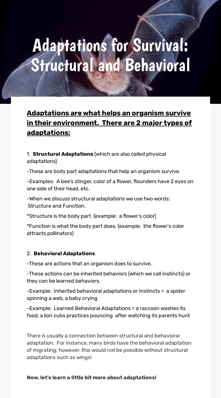 Read about the tiger's adaptations that give it this well deserved reputation. Adaptations For Survival Structural And Behavioral Interactive Worksheet By Kati Walker Wizer Me
