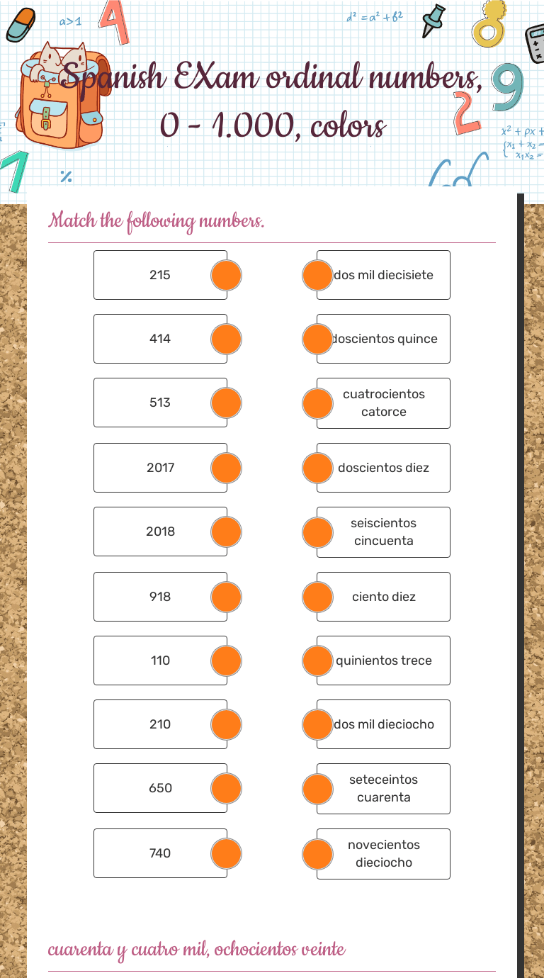 spanish exam ordinal numbers 0 1000 colors interactive worksheet