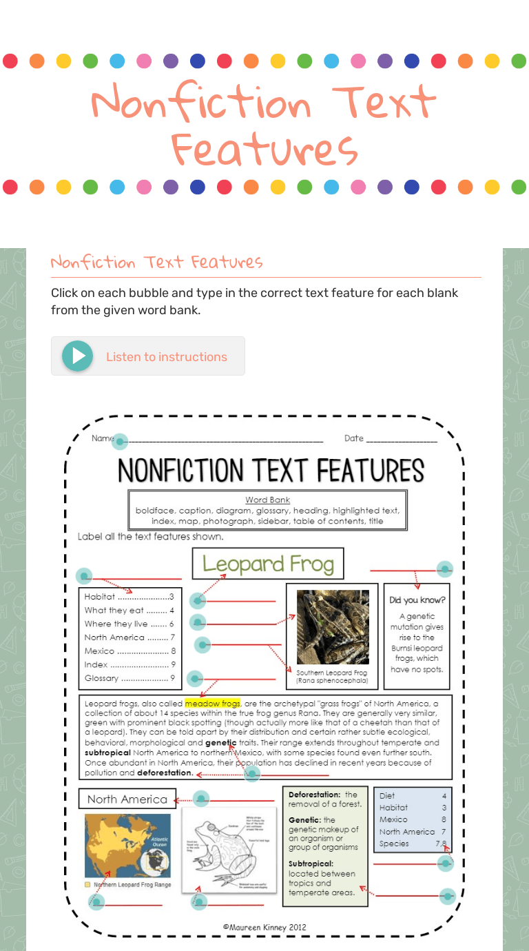 The students will be able to know and use various informational text features (e.g., captions, bold print, subheadings, glossaries, indexes, . Nonfiction Text Features Interactive Worksheet By Jaime Robinson Wizer Me