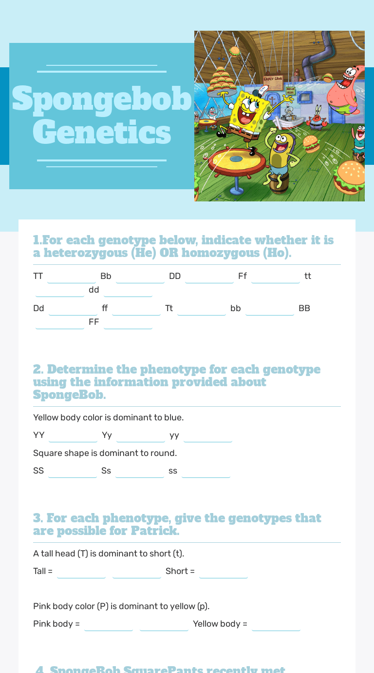 Use the information provided and your knowledge of genetics to answer each question. Spongebob Genetics Interactive Worksheet By Bailey Watkins Wizer Me
