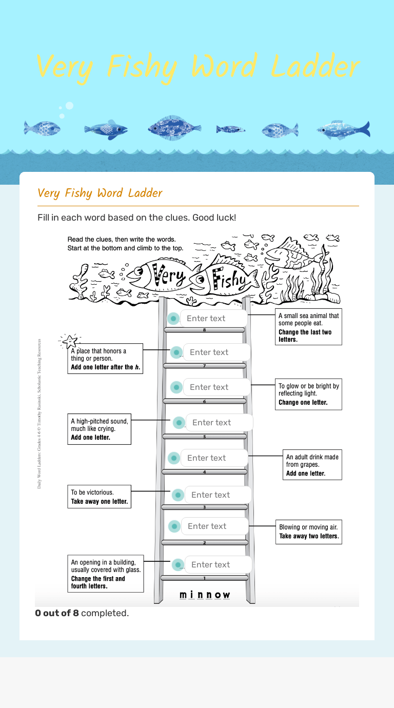 Read the clues, then write the words. Very Fishy Word Ladder Interactive Worksheet By Johanna Keene Wizer Me