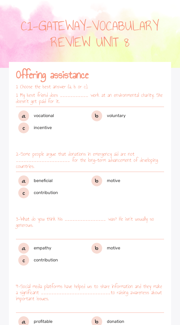 · task two vocabulary list · citizen ( . C1 Gateway Vocabulary Review Unit 8 Interactive Worksheet By Cristina Martinez Wizer Me