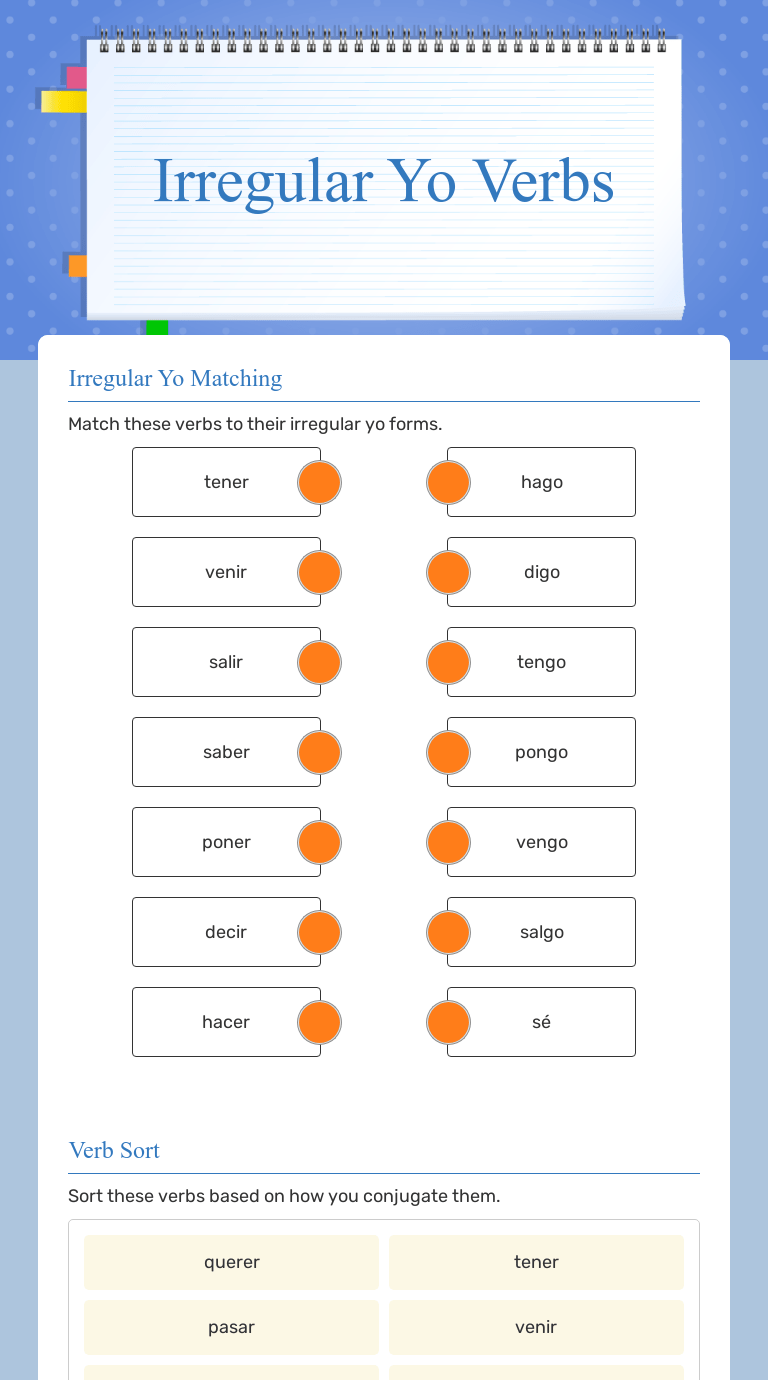 Of regular verbs 19 unit 4 present tense of some common irregular verbs 29 . Irregular Yo Verbs Interactive Worksheet By Merida Elizondo Wizer Me