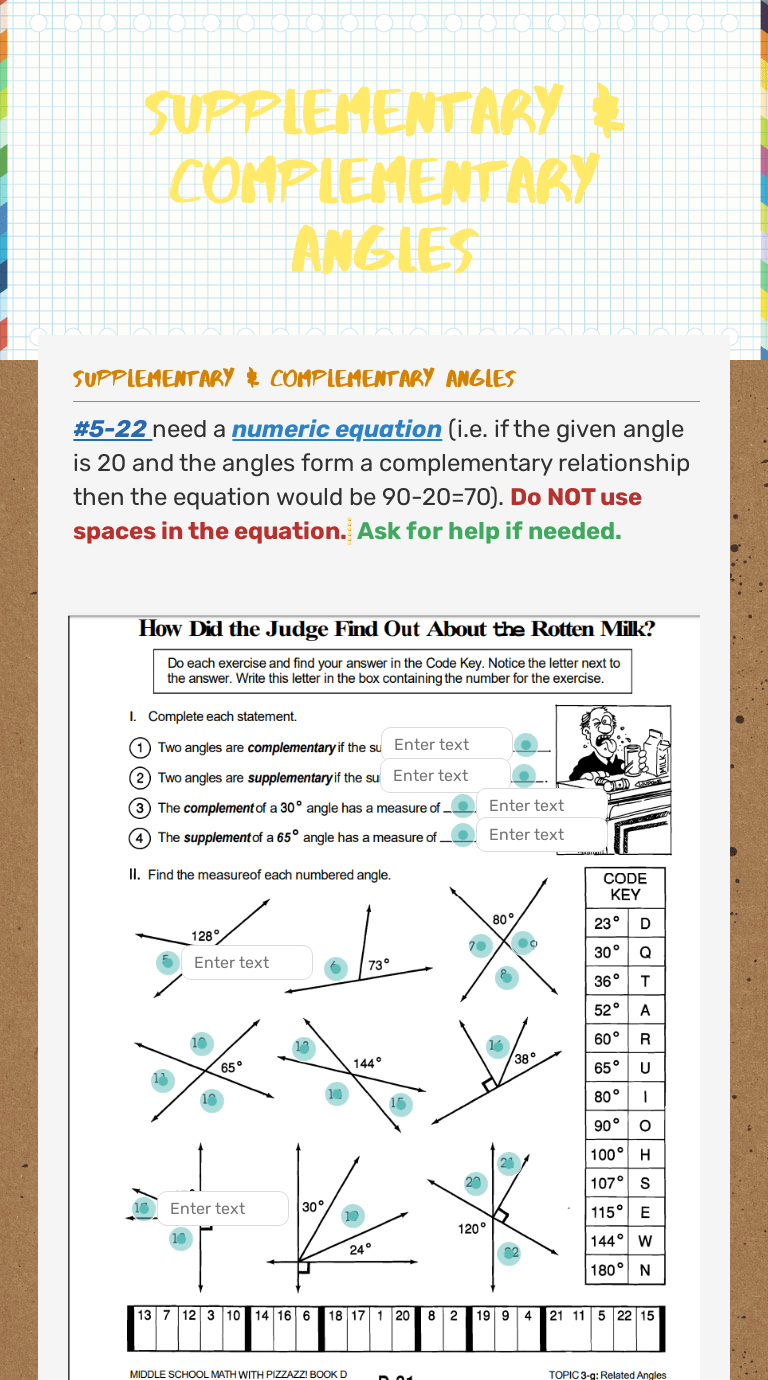 How can you use the definitions of complementary, supplementary, and vertical angles to answer the questions? Supplementary Complementary Angles Interactive Worksheet By Melissa Buchanan Wizer Me