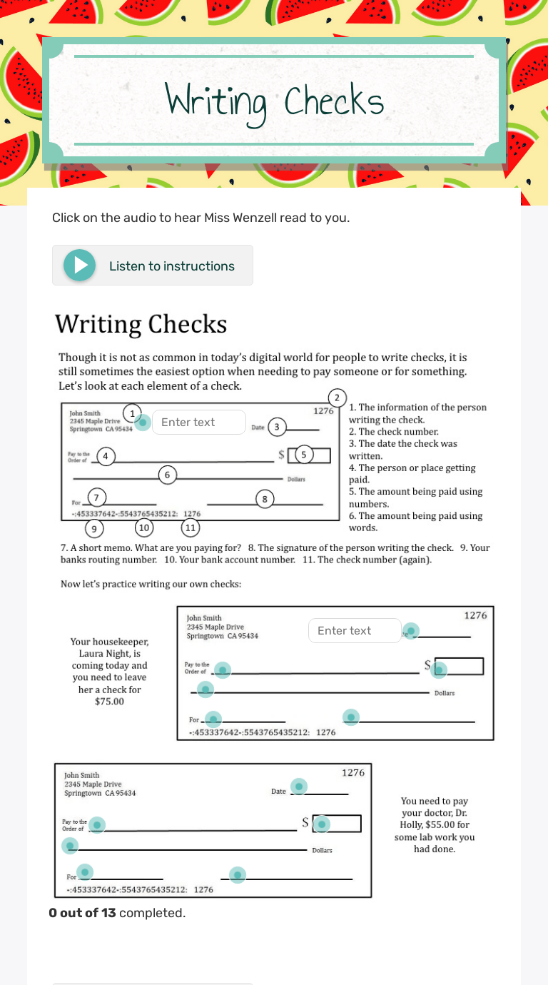 Focus on starting at the midpoint and dipping right back to it. Writing Checks Interactive Worksheet By Gina Mcdonald Wizer Me