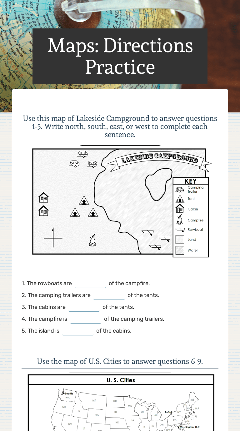 A compass rose always shows one or . Maps Directions Practice Interactive Worksheet By Samantha Reams Wizer Me