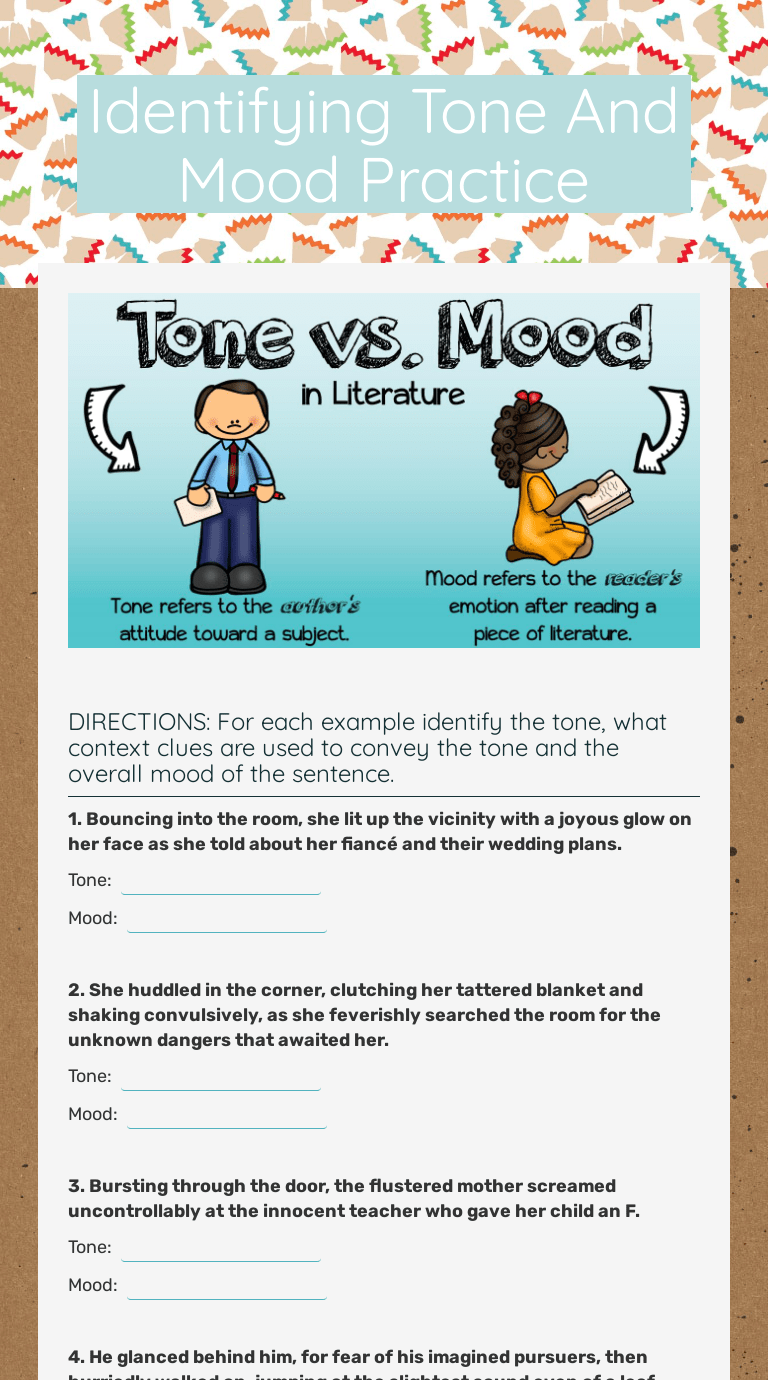 Tone is the attitude the author has toward a subject or his audience. Identifying Tone And Mood Practice Interactive Worksheet By Chelsea Owens Wizer Me