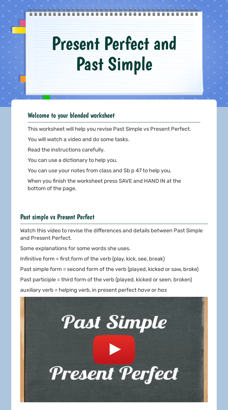 About sheets · create new worksheets, dashboards, or stories · undo, redo, or clear sheets · duplicate a sheet · rename sheets · see the underlying data in a sheet. Present Perfect And Past Simple Interactive Worksheet By Kristi Kartasev Wizer Me