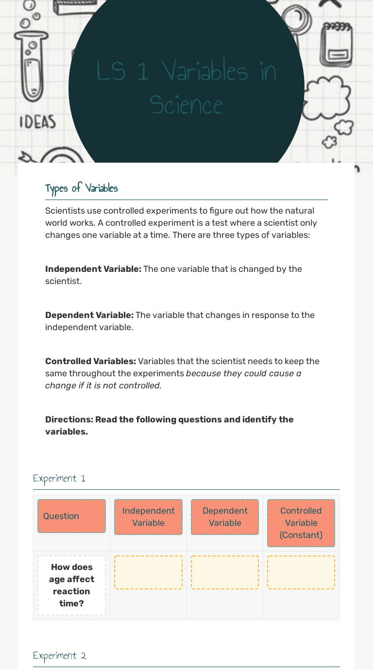Independent versus dependent variable worksheet. Ls 1 Variables In Science Interactive Worksheet By Julie Daily Wizer Me