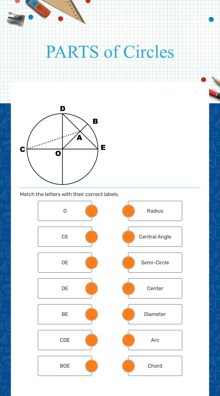 Circle worksheets contain finding radius and diameter, identifying parts of a circle, area, circumference, arc length and area of sector. Parts Of Circles Interactive Worksheet By Tracy Michaud Wizer Me