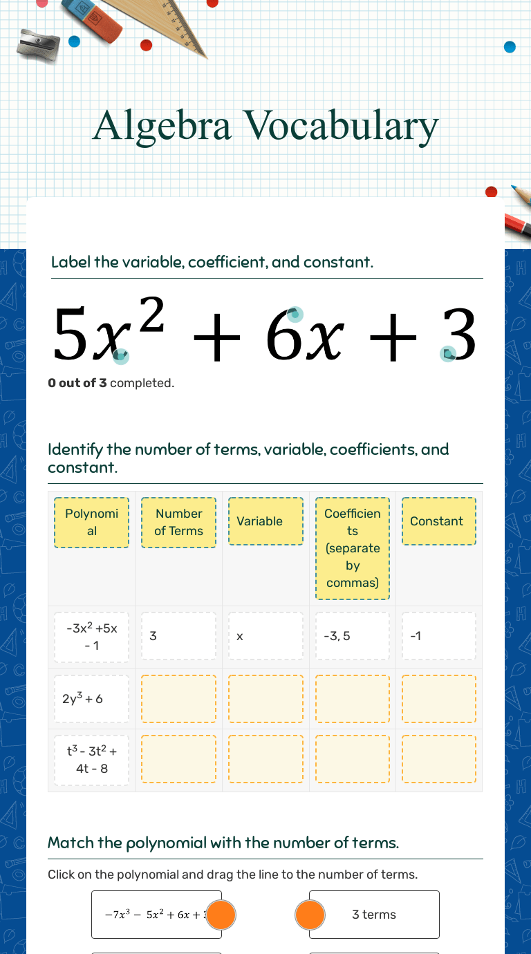 You can do the exercises online or download the worksheet as pdf. Algebra Vocabulary Interactive Worksheet By Diana Landrian Wizer Me